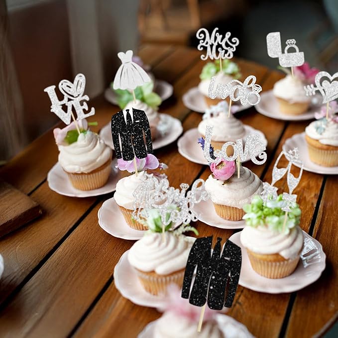 Ephlyn 30Pcs Bride to be Cupcake Toppers Glitter Diamond Ring Love I Do Cupcake - Image 7