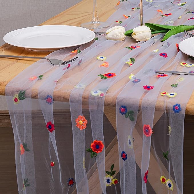 BINBE 6pcs Daisy Fall Table Runner Embroidery Gauze 10FT Florals Seasonal Tulle - Image 3