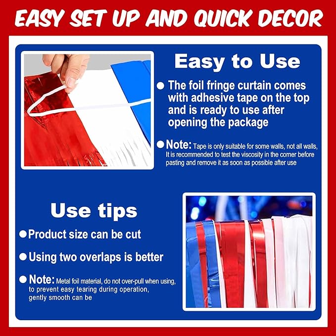 6 Pack White Blue Red Foil Fringe Curtains Backdrop, 3.28 x 8.2 Ft Metallic - Image 3