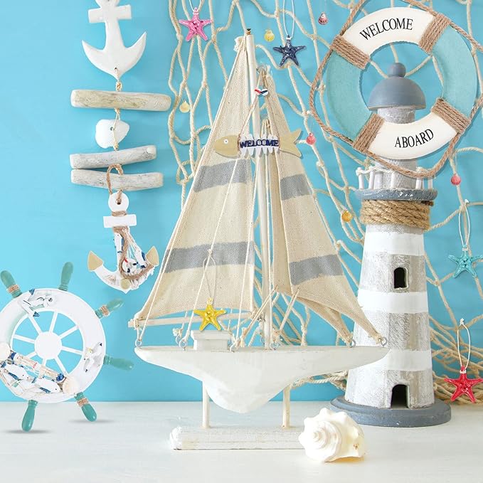 11 Pcs Wooden Nautical Wall Decor Fishing Net Decorations, Include Decorative - Image 6