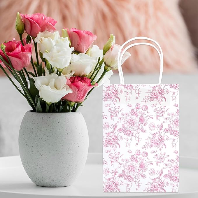 JarThenaAMCS 52Pcs Pink Floral Paper Gift Bag Vintage Wildflower Treat Bags - Image 7