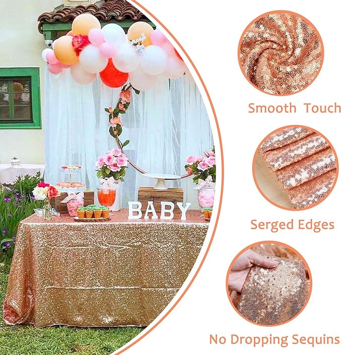 QueenDream Tablecloth 90x156 Rectangle Sequin Table Cloth Rose Gold Wedding - Image 2