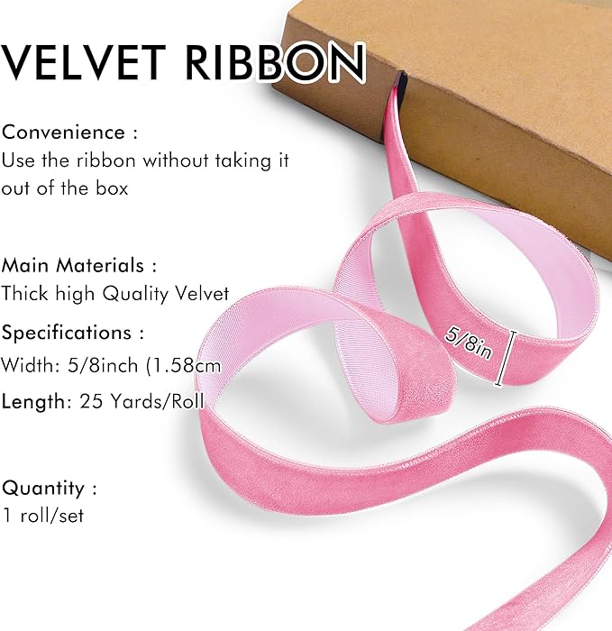 Pink Velvet Ribbon 5/8'' 25 Yards - Image 2