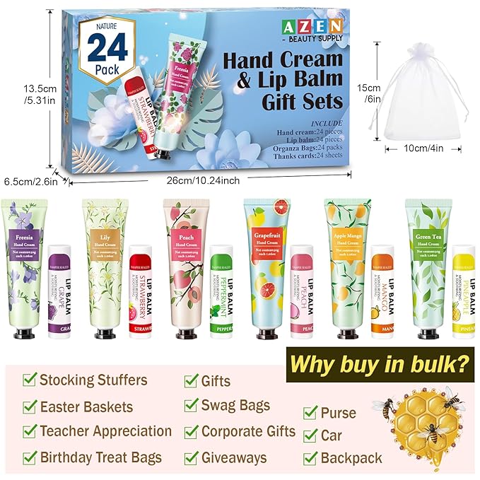 AZEN 24 Sets Bulk Gifts, Hand Cream and Lip Balm Bulk Set - Image 6