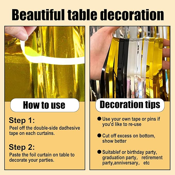 3 Pack 29 x108 Inch Black Gold Silver Foil Fringe Table Skirts Metallic Banner - Image 3