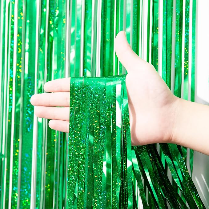 2 Pack Laser Green Tinsel Foil Fringe Curtains, Metallic Tinsel Party Streamers - Image 2