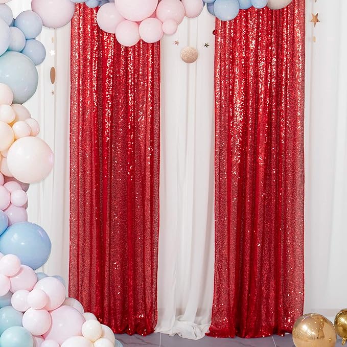 ShinyBeauty 4 Panels Sequin Photo Backdrop 2FTx8FT Red & Silver Curtains - Image 3