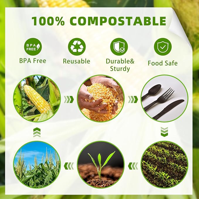 Black Compostable Silverware, Plastic 120 Forks 120 Spoons 60 Knives, Non - Image 7
