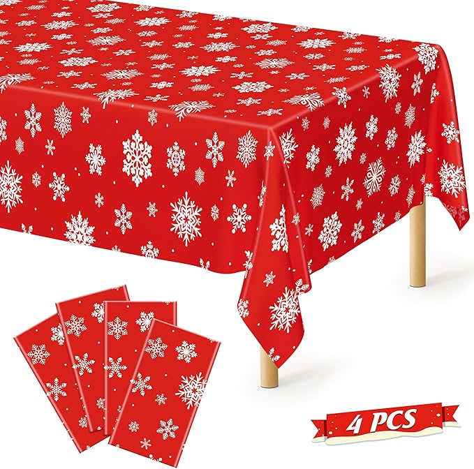 4 PACK Christmas Tablecloths, Snowflakes Tablecloth Xmas Plastic Tablecloth by QZYL