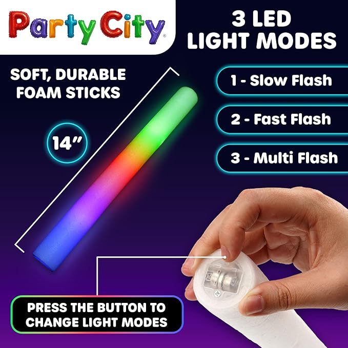 Party City 24pk LED Foam Glow Sticks 14”- Glow in the Dark Party Supplies Favors - Image 4