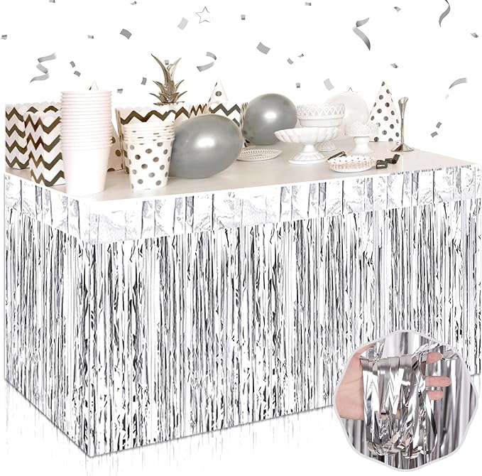 3 Pack 29 x108 Inch Silver Foil Fringe Table Skirts Metallic Banner by Mebiornt