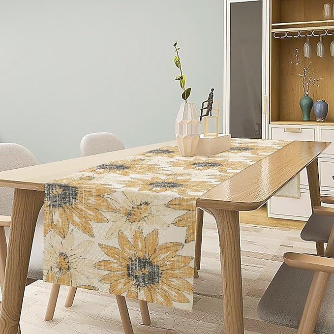 Chrysanthemum Vintage Floral Table Runner, Elegant Grunge Orange Sunflower - Image 4