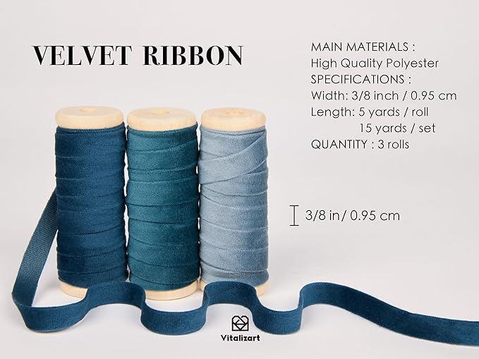 Vitalizart Blue Velvet Ribbon Set 3/8" x 15 Yd Fabric Trim Royal & Dusty Blue 3 - Image 2