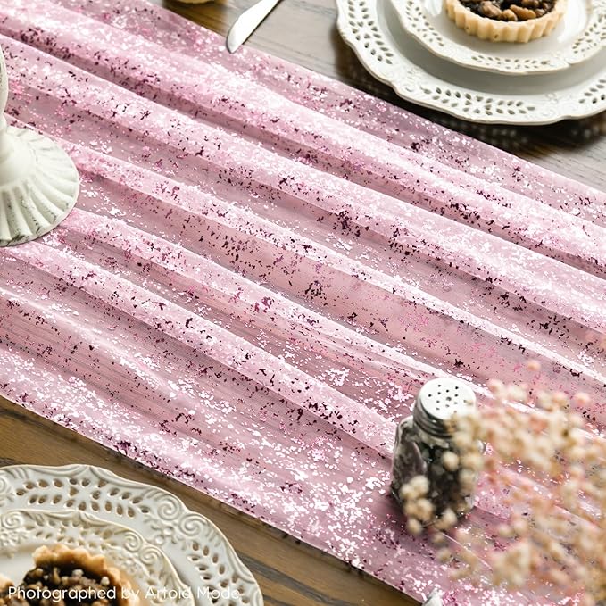 Artoid Mode 3PCS Pink Gold Gauze Table Runner 120 Inch 10FT, Glitter Metallic - Image 3