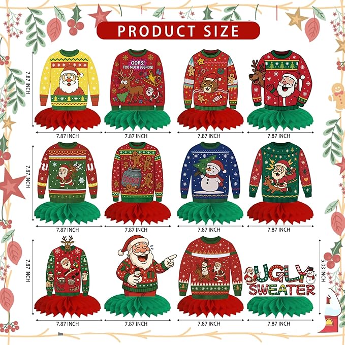 12Pcs Christmas Ugly Sweater Party Decorations Ugly Sweaters Honeycomb - Image 2
