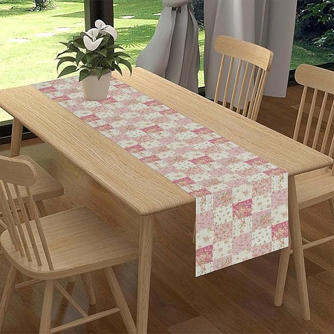 Patchwork Table Runner, Boho Vintage Pink Wildflowers Bohemian Paisley Flower - Image 3
