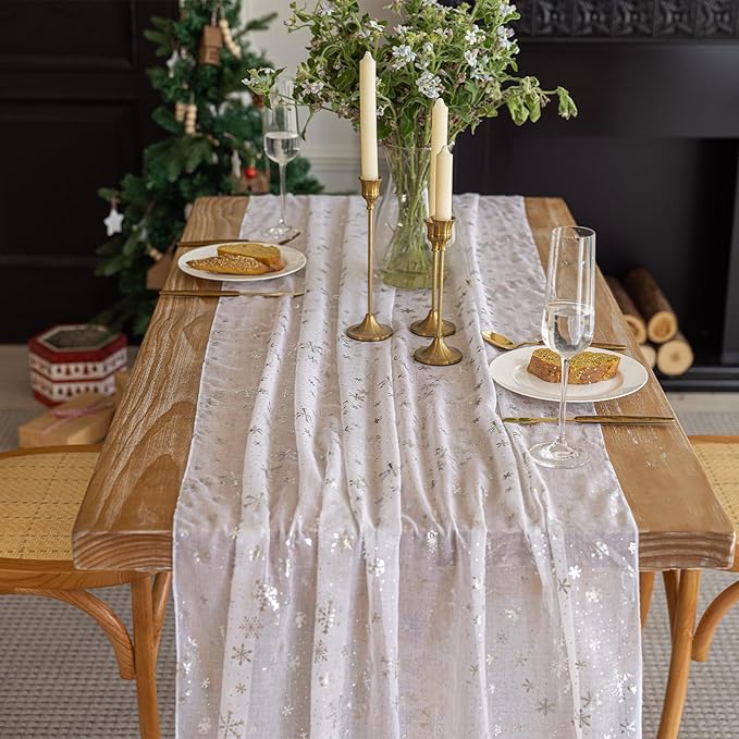 Silvery Snowflake Metallic Print Tulle Christmas Table Runner, Seasonal Winter by Gzcvba