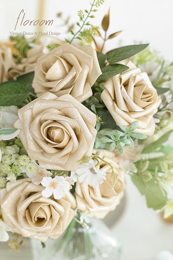 Floroom Artificial Flowers 25pcs Real Looking Champagne Gold Foam Fake Roses - Image 5