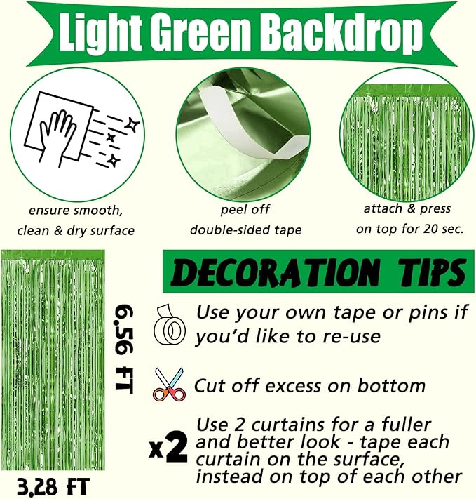 4 Pack Fringe Curtain Backdrop, 3.2Ft x 6.6Ft Light Green Metallic Tinsel Foil - Image 2