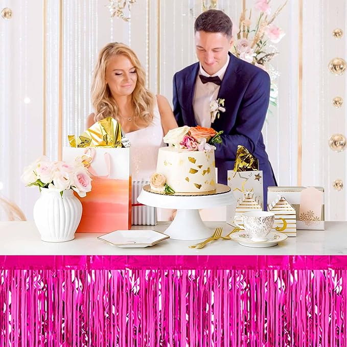 3 Pack 29 x108 Inch Fuchsia Foil Fringe Table Skirts Metallic Banner - Image 4