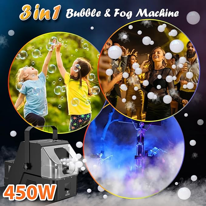 Smoke Machine, 3-in-1 Bubble Fog Machine, 450W Bubble Fogger - Image 2