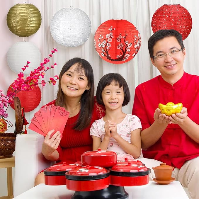14Pcs Chinese Japanese Paper Lantern Assorted Sizes Hanging Plum Blossom Red - Image 6
