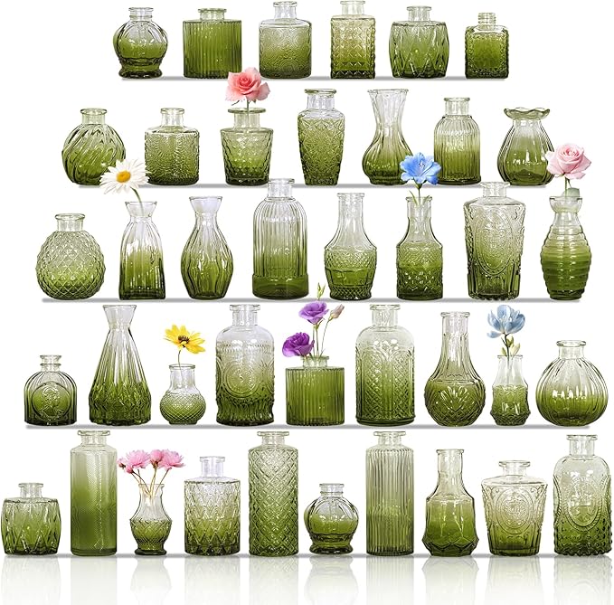 Set of 40 Glass Bud Vases, Small Green Glass Vases in Bulk, Mini Vintage by Fivenl
