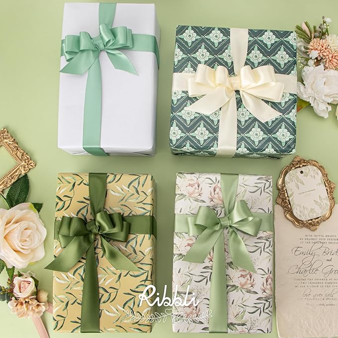 Ribbli Sage Green Satin Ribbon 1 Inch x 4 Rolls Total 40 Yards- - Image 2