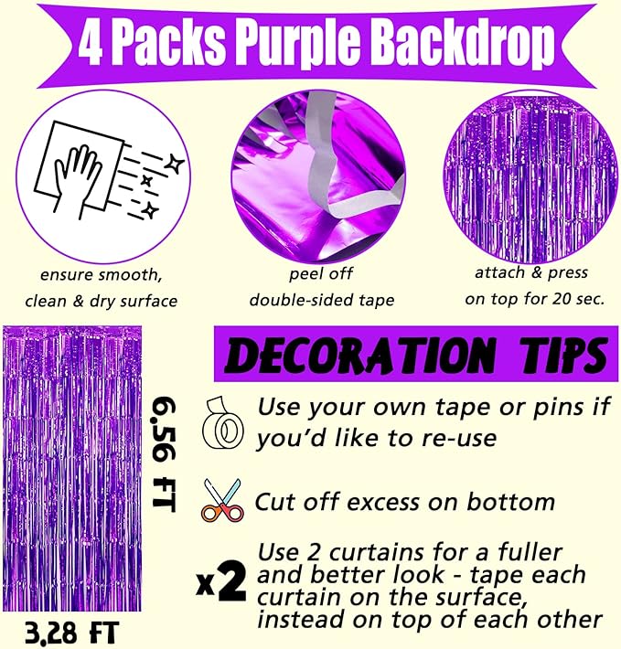 4 Pack Purple Fringe Curtain Backdrop, 3.2Ft x 6.6Ft Metallic Tinsel Foil - Image 2