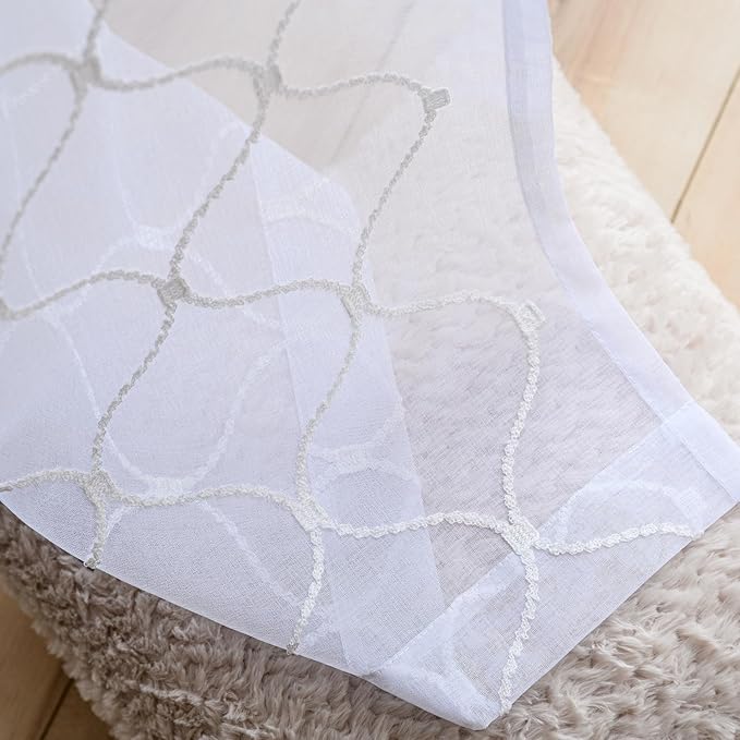 Embroidered Wave Diamond Sheer Curtains White 95 Inches, Window Treatments Rod - Image 5