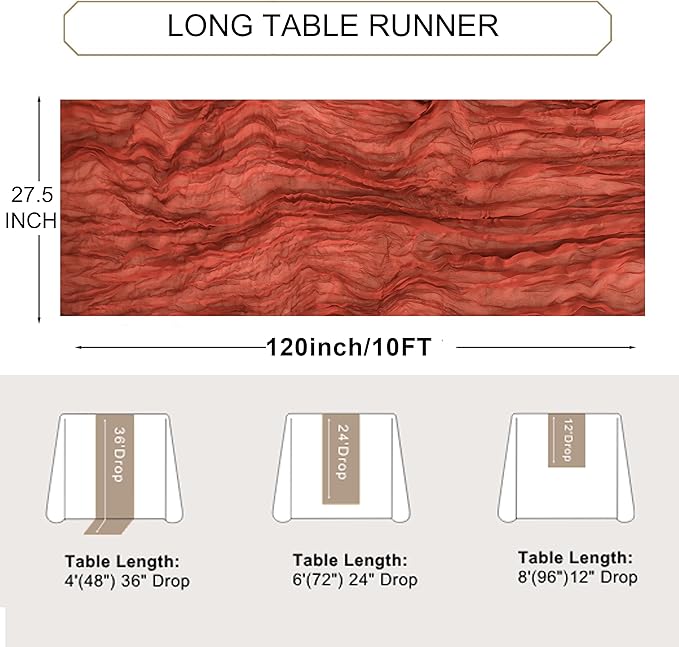 Snowkingdom 10 Ft Fall Table Runner Terracotta Cheesecloth, 120 inch Long Rust - Image 4