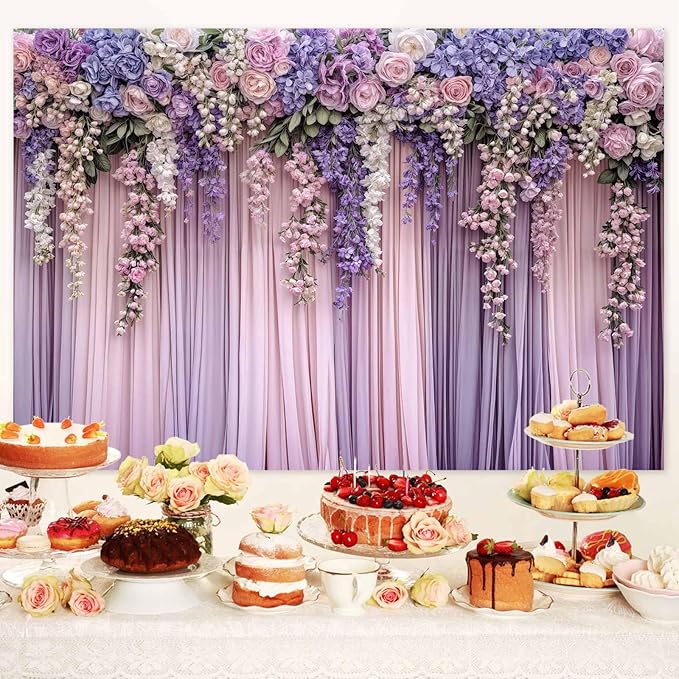 20x10ft Purple Flower Wedding Photography Backdrop Lavender Floral Wedding - Image 2