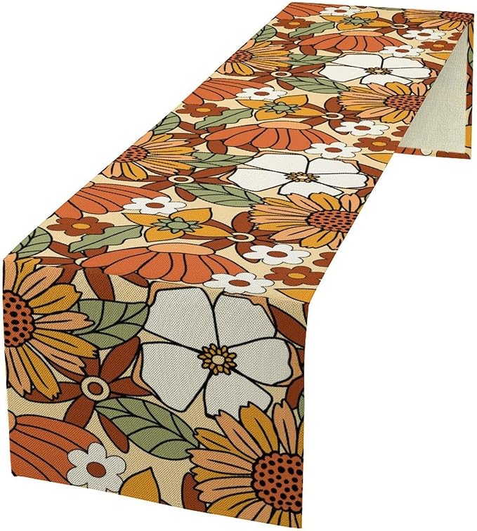 Vintage Floral Table Runner, Boho 70s Style Retro Flower Table Cloth Kitchen by Unknown
