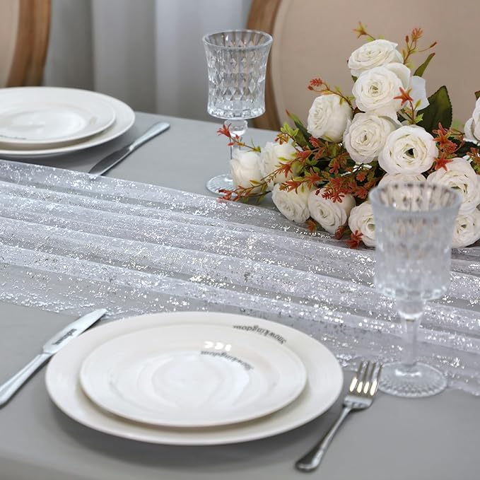 Snowkingdom 10 Pcs 10 FT Silver Table Runners, Sheer Chiffon Gauze Cheesecloth - Image 4