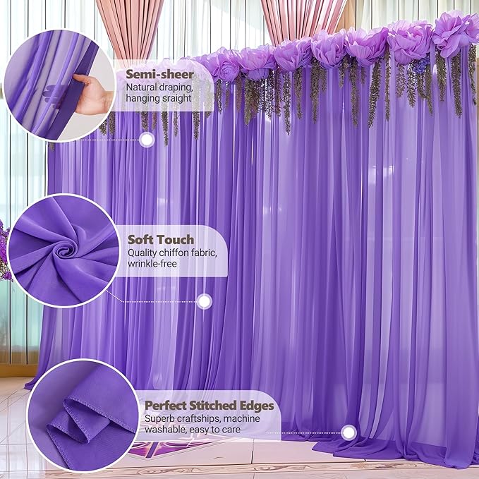 10ft x 10ft Purple Backdrop Curtains, Wrinkle-Free Sheer Chiffon Fabric Photo - Image 5
