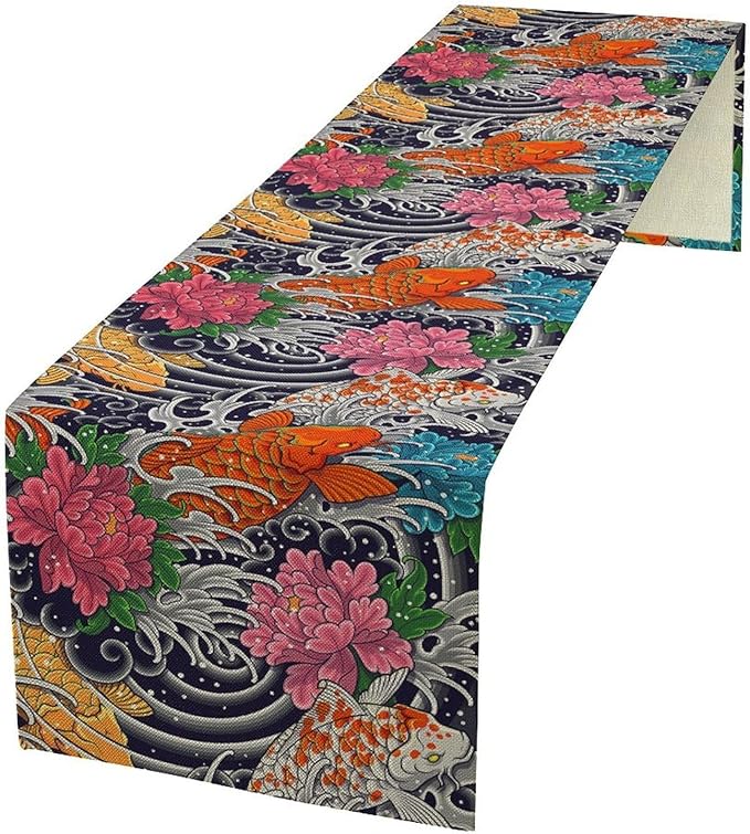 Japanese Retro Flowers Table Runner Oriental Tradition Kio Fish Art Printed by YSWOW