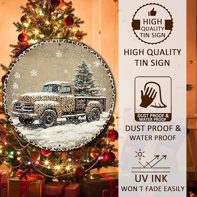 Round Leopard Truck Metal Tin Sign Rustic Wall Decor Christmas Wreath Sign - Image 4
