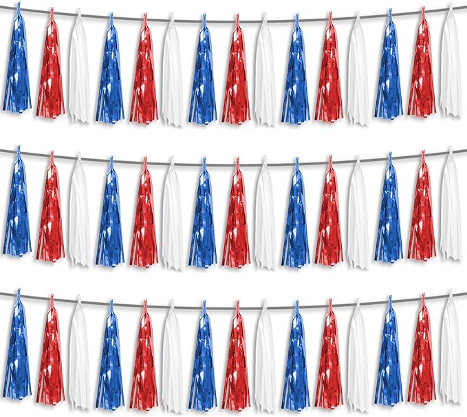 3P Red Blue White Foil Fringe Metallic Tassel Streamers Banner Tassel Garland by HYSILLA