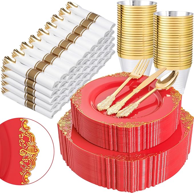 Nervure 350PCS Red Plastic Plates by Nervure