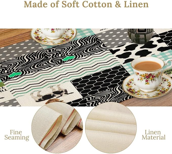 Cute Cow Print Table Runner, Farm Animals Honeycomb Plaid Stripes Cowhide - Image 4