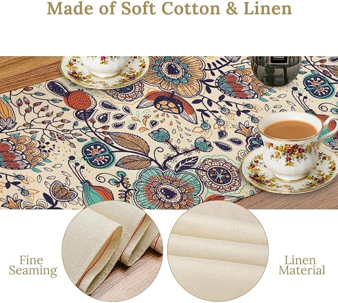 Boho Floral Table Runner, Vintage Flowers Tropical Plants Country Style Table - Image 5
