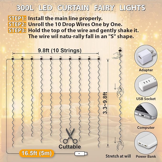 HXWEIYE 300LED Fairy Curtain Lights, 9.8x9.8Ft USB Plug-in 8 Modes Christmas - Image 5