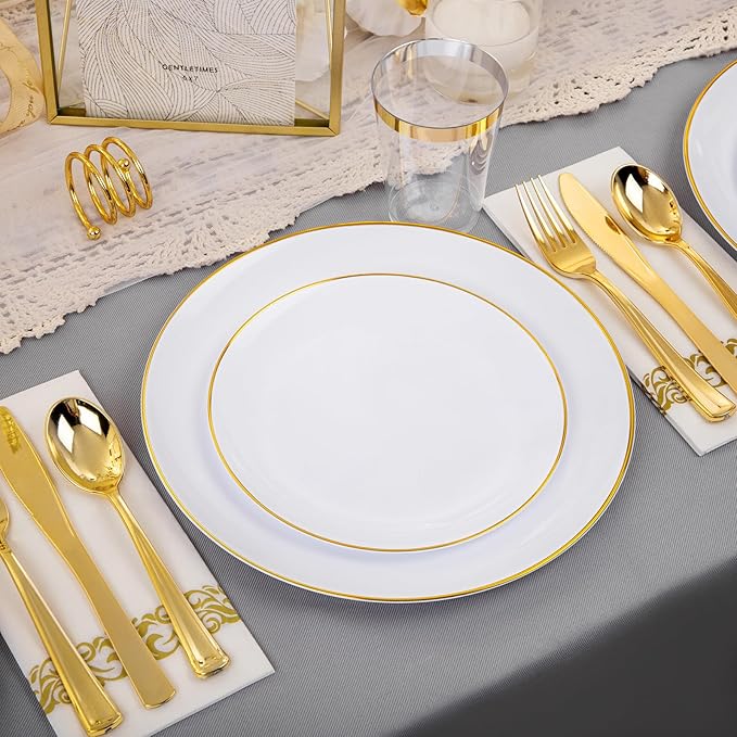 Supernal 350pcs White and Gold Plastic Plates, 150 Gold Silverware Set - Image 6