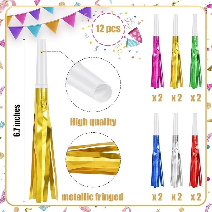 12 Pcs Glitter Noise Makers Metallic Fringed Party Blower - Image 2