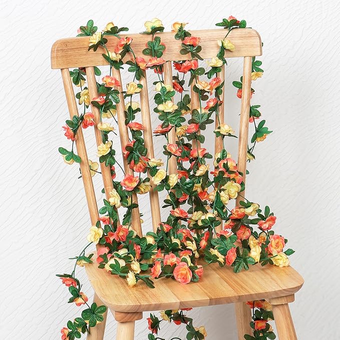 KHOYIME 9 Pack 72 FT Artificial Flower Garland, Fake Champagne Roses Vines Silk - Image 5