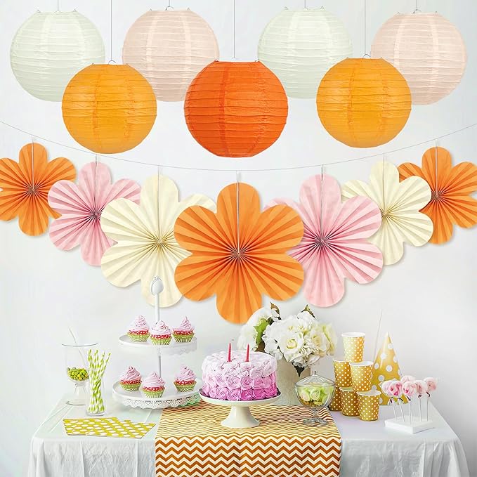 18Pcs Fall Pink and Orange Party Decorations, Hanging Paper Lanterns Flowers - Image 5