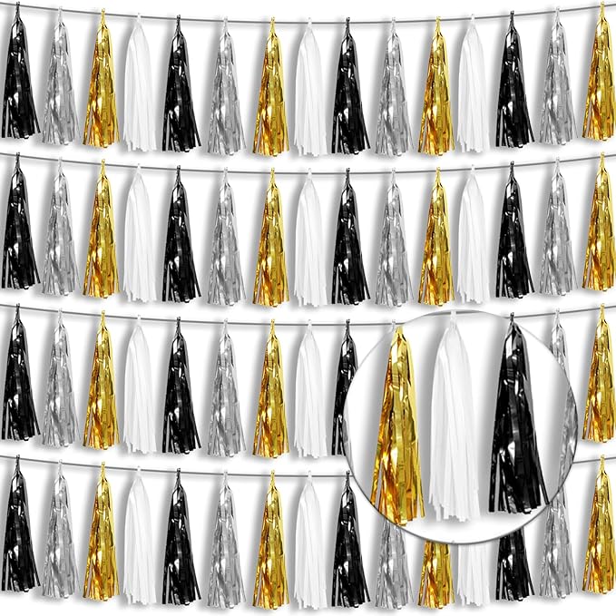 4P Black Gold Silver Foil Fringe Tassel Banner Garland Metallic Tinsel by Xuuf