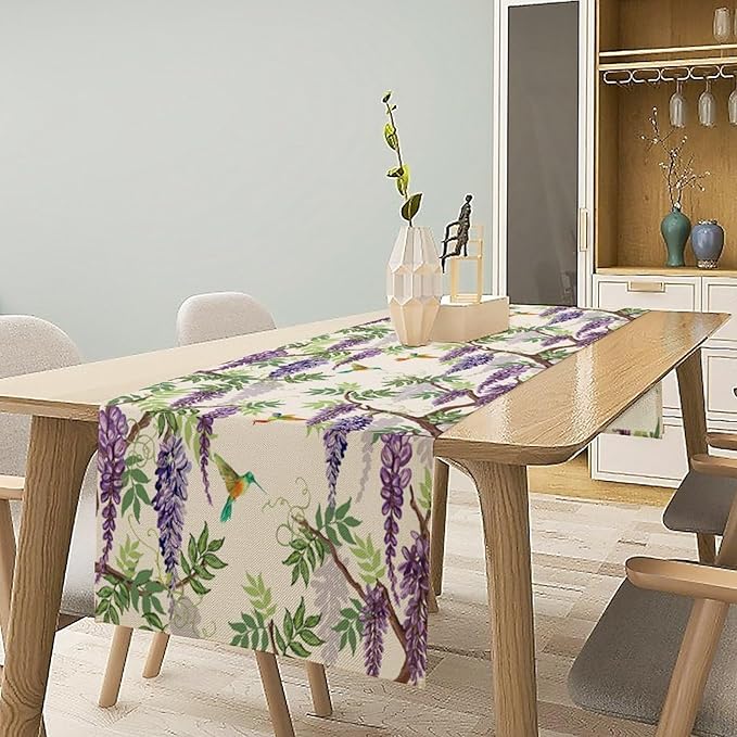 Vintage Bird Flower Table Runner Seasonal Spring Purple Wisteria Garden Plants - Image 2