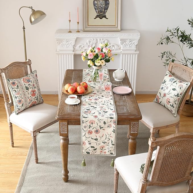 ISAENNE Designer Chinoiserie Elegant Linen Floral Table Runner 87 Inches Long - Image 9