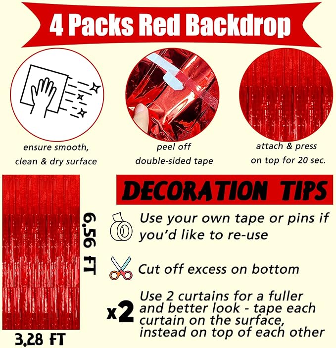 4 Pack Red Fringe Curtain Backdrop, 3.2Ft x 6.6Ft Metallic Tinsel Foil Fringe - Image 2
